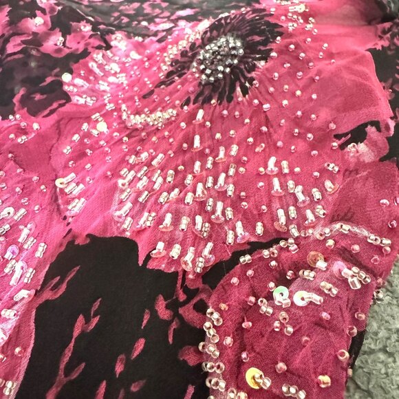 Lexus Women's Pink Black Silk Double Straps Floral Beaded Long Dress Size UK 10 - Picture 7 of 12